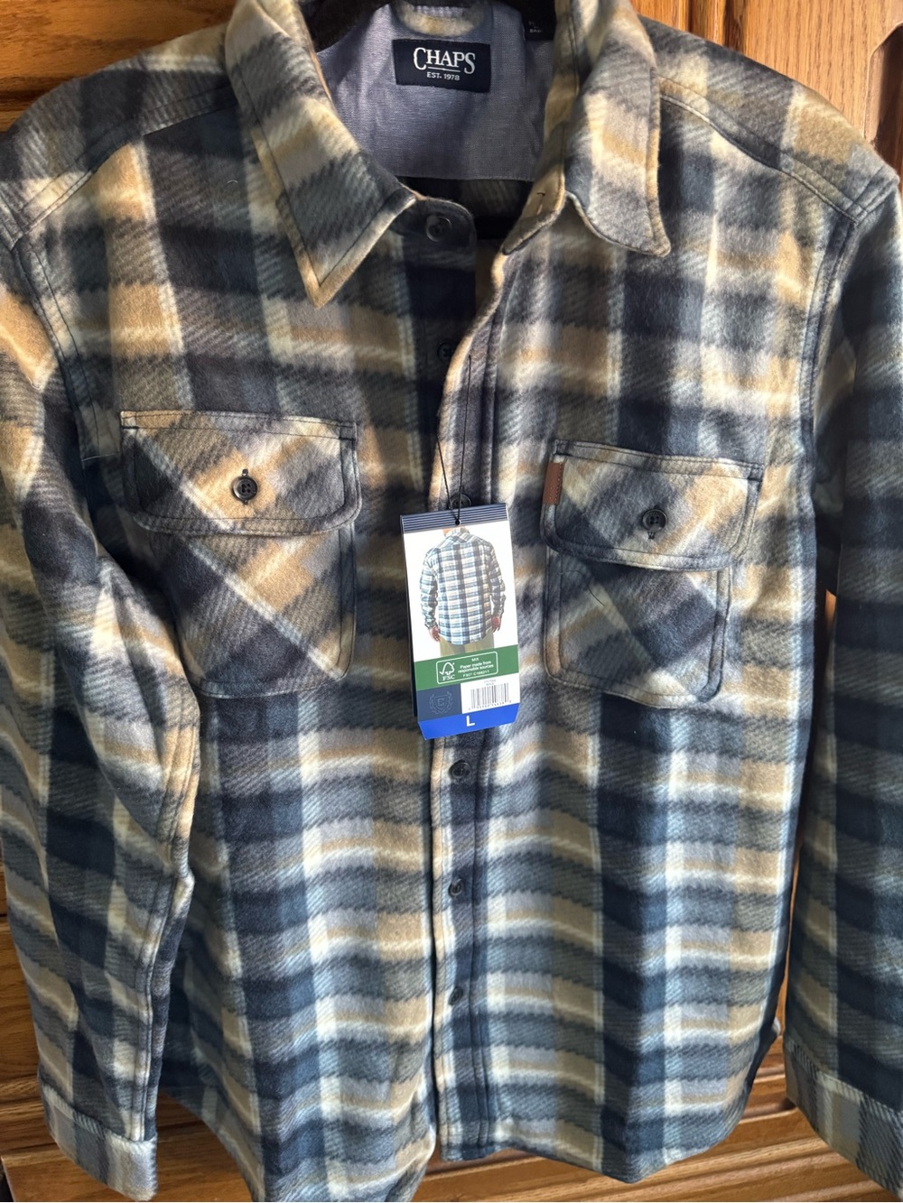 Chaps Plaid Shirt Jacket in Blue and Cream size L